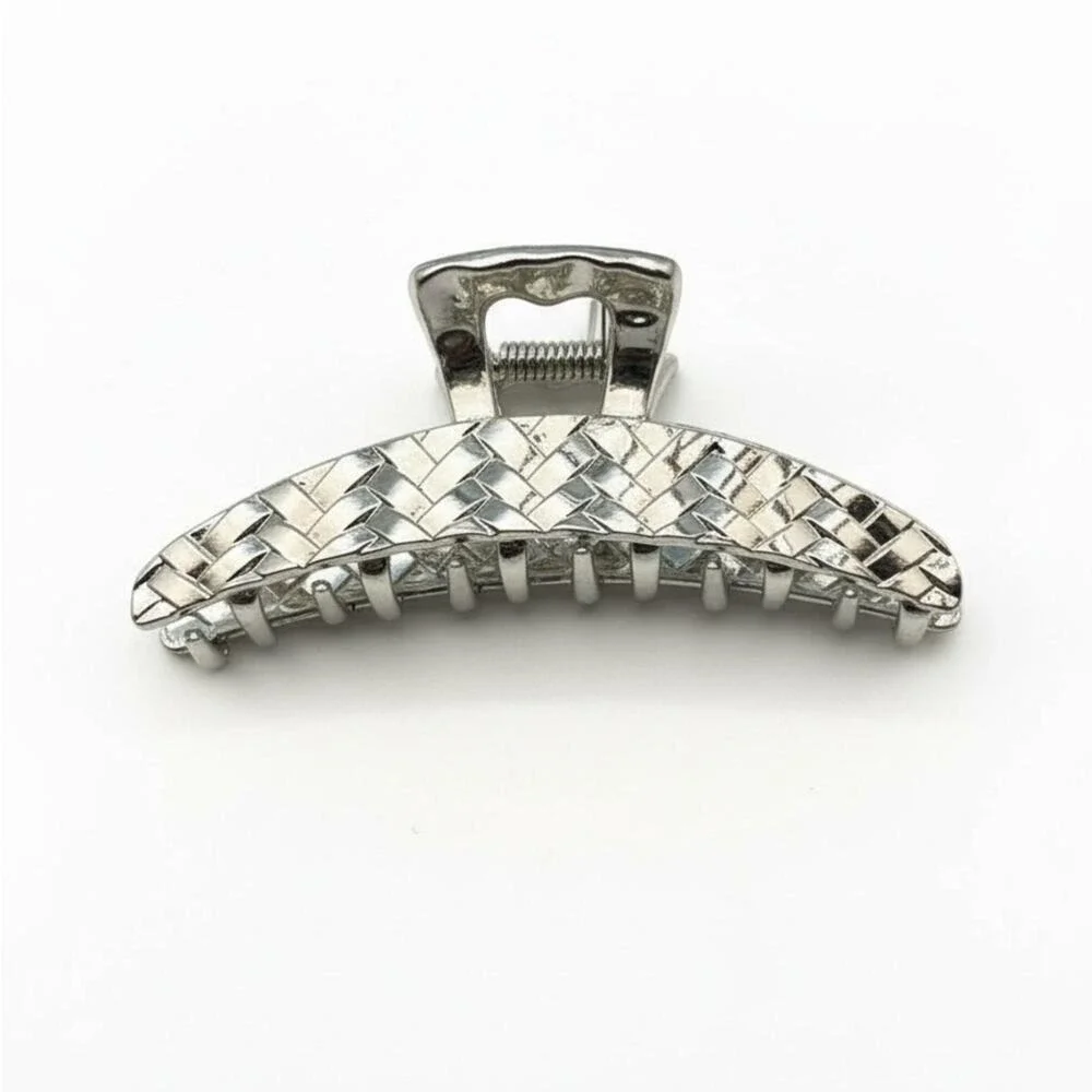 Silver Woven Texture Hair Claw Clip Metallic Basketweave Large Hair Accessory